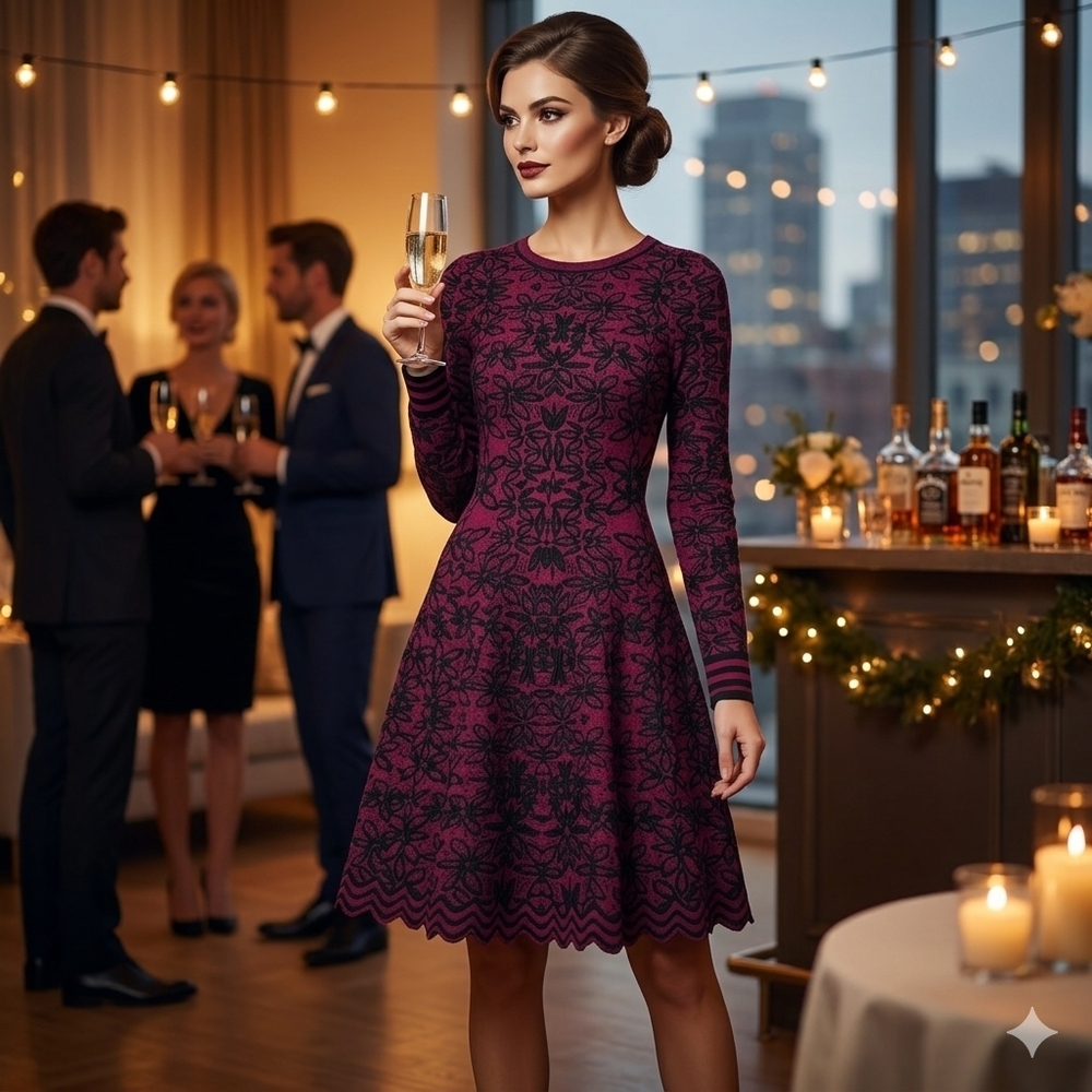 John + Jenn Fit and‎ Flare Dress Womens Small Burgundy Excellent Jacquard Knit
